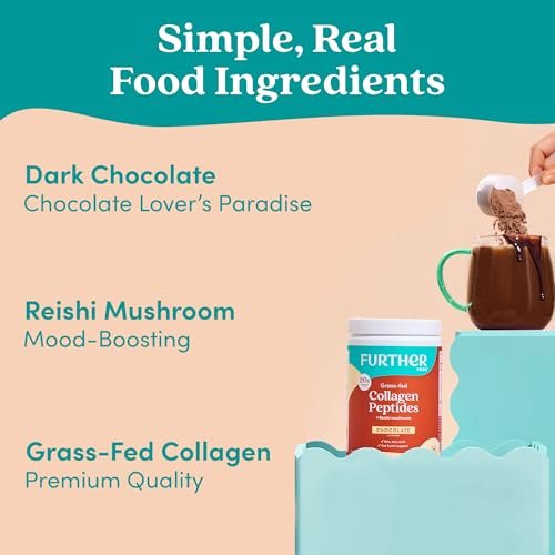 Further Food Chocolate Collagen Peptides Pulver mit Reishi-Pilz - 100% Weidehaltung, hydrolysiert Typ 1 & 3, 20g Kollagen pro Portion, unterstützt Haut, Haare, Nägel & Gelenke, 11,36 Unzen