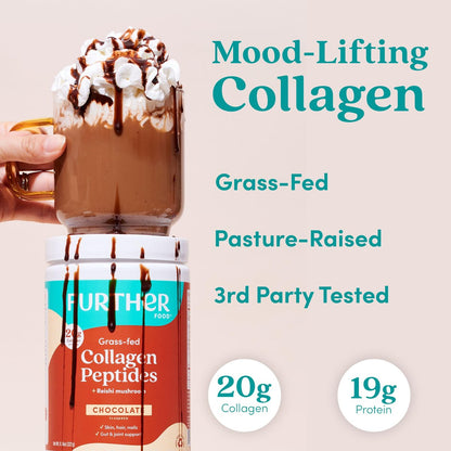 Further Food Chocolate Collagen Peptides Pulver mit Reishi-Pilz - 100% Weidehaltung, hydrolysiert Typ 1 & 3, 20g Kollagen pro Portion, unterstützt Haut, Haare, Nägel & Gelenke, 11,36 Unzen