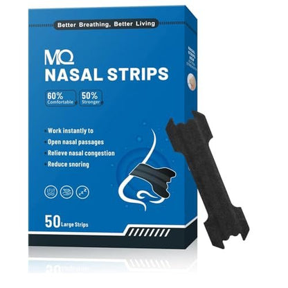 MQ 50er-Pack Nasenstreifen gegen Schnarchen – Schwarze Nasenpflaster für extra starke Atemhilfe, äußere Nasendilatatoren, lindert Nasenverstopfung
