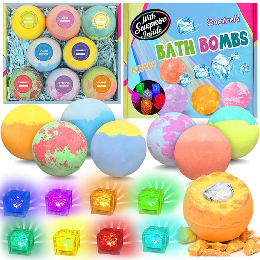 Santrela 8er-Pack Badebomben für Kinder mit Überraschungsspielzeug, 3,5 oz Leuchtende Badebomben Geschenkset mit ätherischen Ölen, Handgemacht, Feuchtigkeitsspendend für Frauen, Entspannend, Geburtstag, Party, Weihnachten