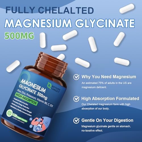NATURE TARGET Magnesium Glycinat 500mg, cheliertes Magnesium mit Zink & Vitamin D3 für Muskeln, Nerven & Knochen, Unterstützung der Herzgesundheit & Beinkrämpfe, Stärkung des Immunsystems - 120 Kapseln