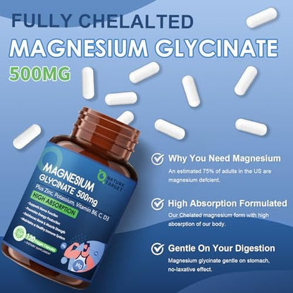 NATURE TARGET Magnesium Glycinat 500mg, cheliertes Magnesium mit Zink & Vitamin D3 für Muskeln, Nerven & Knochen, Unterstützung der Herzgesundheit & Beinkrämpfe, Stärkung des Immunsystems - 120 Kapseln