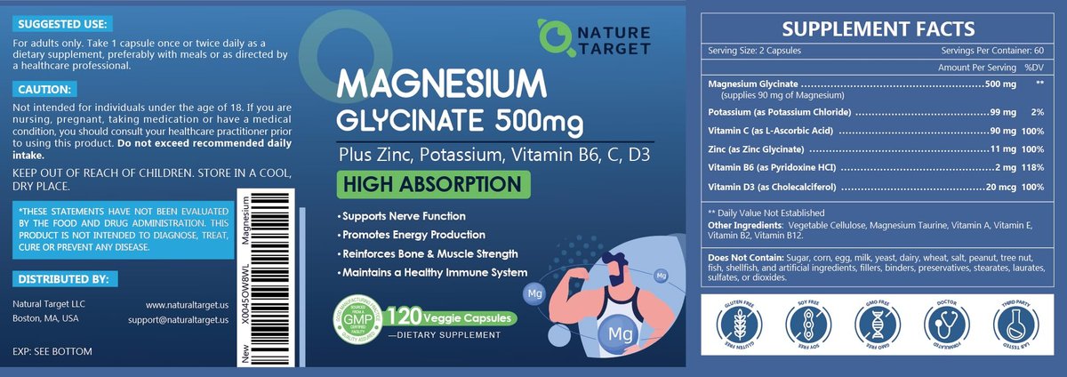 NATURE TARGET Magnesium Glycinat 500mg, cheliertes Magnesium mit Zink & Vitamin D3 für Muskeln, Nerven & Knochen, Unterstützung der Herzgesundheit & Beinkrämpfe, Stärkung des Immunsystems - 120 Kapseln