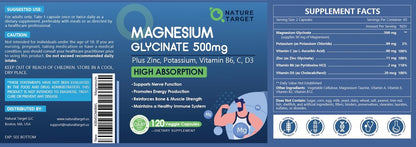 NATURE TARGET Magnesium Glycinat 500mg, cheliertes Magnesium mit Zink & Vitamin D3 für Muskeln, Nerven & Knochen, Unterstützung der Herzgesundheit & Beinkrämpfe, Stärkung des Immunsystems - 120 Kapseln