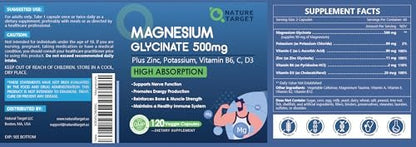 NATURE TARGET Magnesium Glycinat 500mg, cheliertes Magnesium mit Zink & Vitamin D3 für Muskeln, Nerven & Knochen, Unterstützung der Herzgesundheit & Beinkrämpfe, Stärkung des Immunsystems - 120 Kapseln