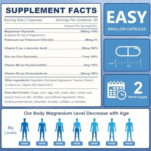 NATURE TARGET Magnesium Glycinat 500mg, cheliertes Magnesium mit Zink & Vitamin D3 für Muskeln, Nerven & Knochen, Unterstützung der Herzgesundheit & Beinkrämpfe, Stärkung des Immunsystems - 120 Kapseln