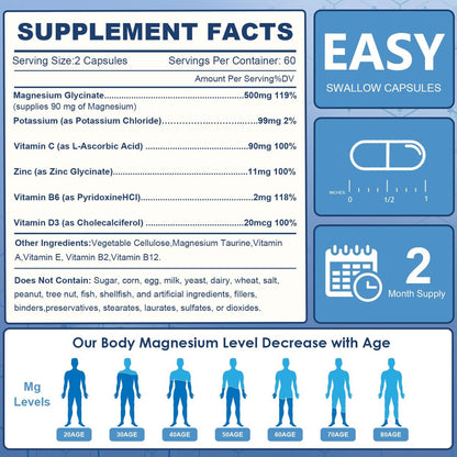 NATURE TARGET Magnesium Glycinat 500mg, cheliertes Magnesium mit Zink & Vitamin D3 für Muskeln, Nerven & Knochen, Unterstützung der Herzgesundheit & Beinkrämpfe, Stärkung des Immunsystems - 120 Kapseln