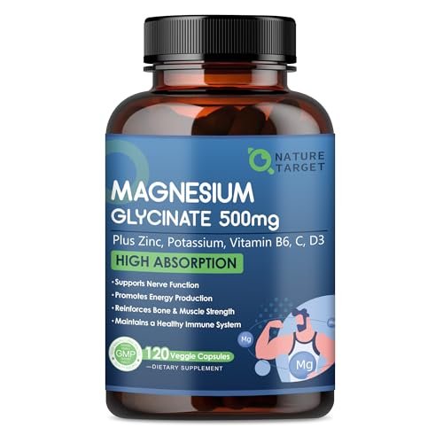NATURE TARGET Magnesium Glycinat 500mg, cheliertes Magnesium mit Zink & Vitamin D3 für Muskeln, Nerven & Knochen, Unterstützung der Herzgesundheit & Beinkrämpfe, Stärkung des Immunsystems - 120 Kapseln