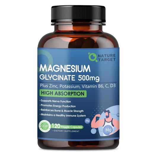 NATURE TARGET Magnesium Glycinat 500mg, cheliertes Magnesium mit Zink & Vitamin D3 für Muskeln, Nerven & Knochen, Unterstützung der Herzgesundheit & Beinkrämpfe, Stärkung des Immunsystems - 120 Kapseln