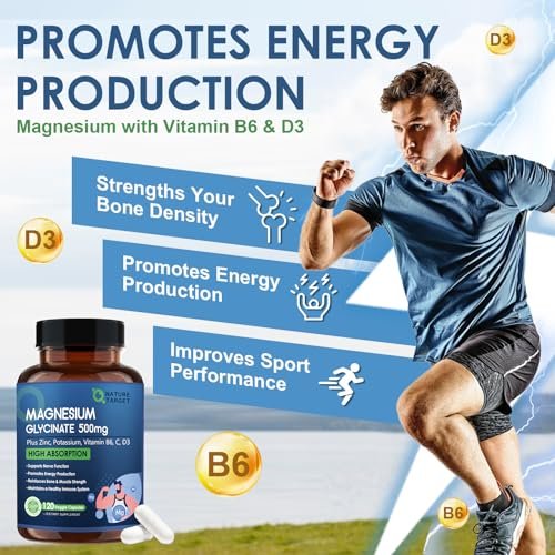 NATURE TARGET Magnesium Glycinat 500mg, cheliertes Magnesium mit Zink & Vitamin D3 für Muskeln, Nerven & Knochen, Unterstützung der Herzgesundheit & Beinkrämpfe, Stärkung des Immunsystems - 120 Kapseln