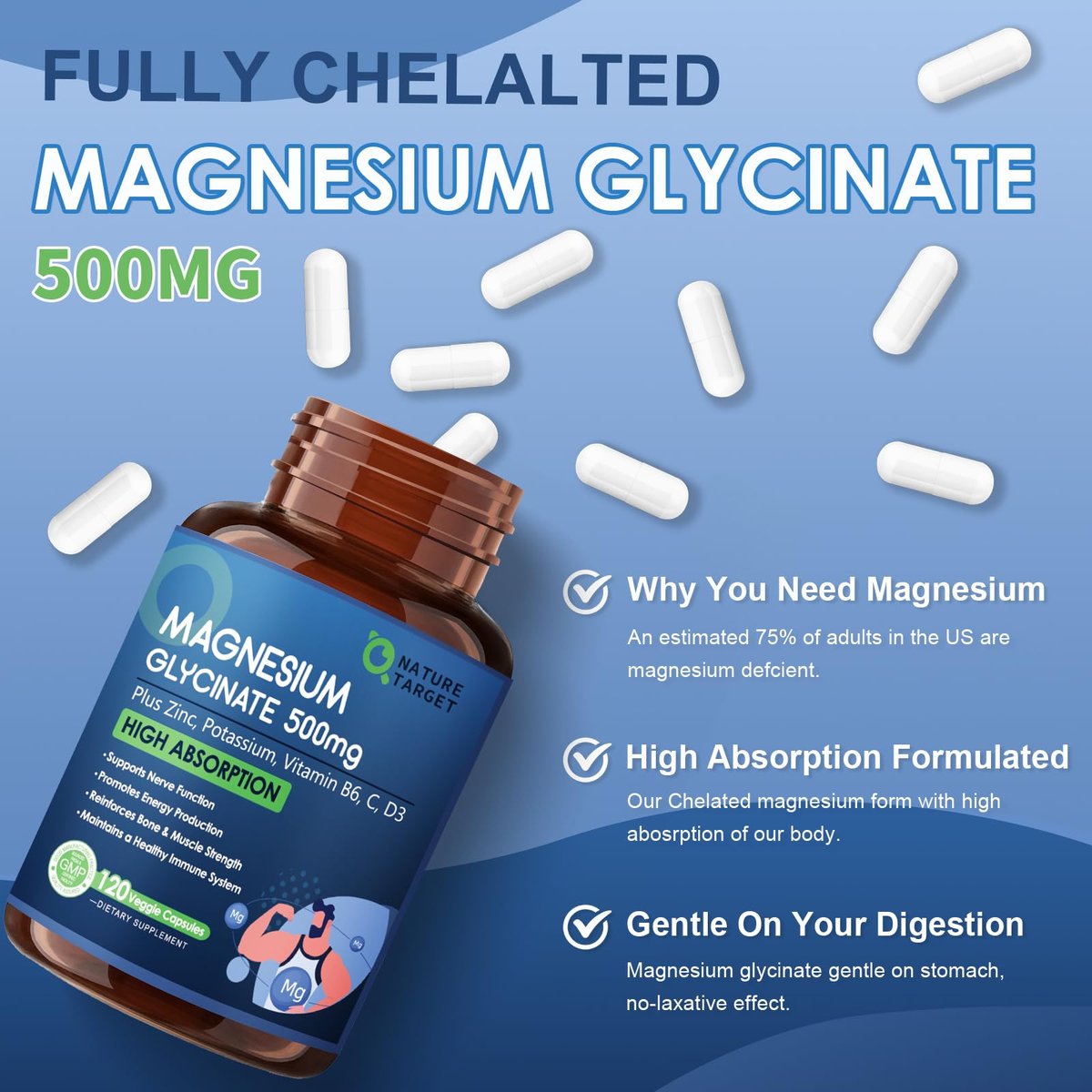 NATURE TARGET Magnesium Glycinat 500mg, cheliertes Magnesium mit Zink & Vitamin D3 für Muskeln, Nerven & Knochen, Unterstützung der Herzgesundheit & Beinkrämpfe, Stärkung des Immunsystems - 120 Kapseln