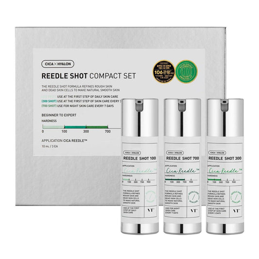 VT COSMETICS Reedle Shot Compact Set – Microneedling Serum Set mit Reedle Shot 100, 300, 700 – Peeling, Anti-Aging, Reisegröße – Geschenkset für Glashaut (10 ml pro Flasche)