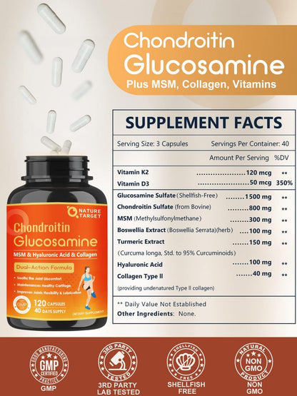 NATURE TARGET Glucosamin Chondroitin – Gelenkergänzung für Frauen & Männer, mit MSM, Kollagen, ohne Schalentiere, 120 Kapseln