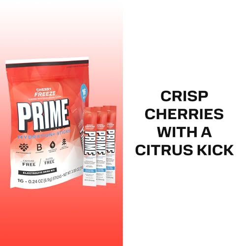 PRIME HYDRATION+ Elektrolyt-Pulversticks, Cherry Freeze, Zuckerfreies Hydrationsgetränk mit Kalium, Magnesium & B-Vitaminen, Koffeinfrei, 16 Sticks