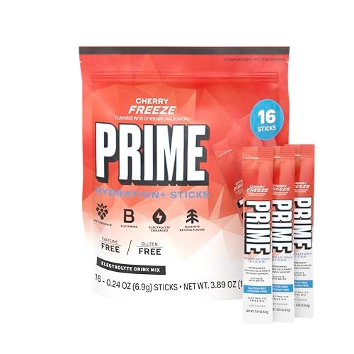 PRIME HYDRATION+ Elektrolyt-Pulversticks, Cherry Freeze, Zuckerfreies Hydrationsgetränk mit Kalium, Magnesium & B-Vitaminen, Koffeinfrei, 16 Sticks