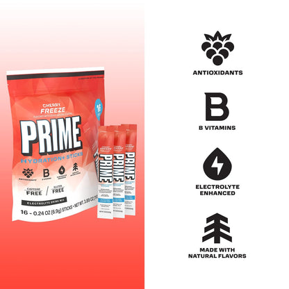 PRIME HYDRATION+ Elektrolyt-Pulversticks, Cherry Freeze, Zuckerfreies Hydrationsgetränk mit Kalium, Magnesium & B-Vitaminen, Koffeinfrei, 16 Sticks