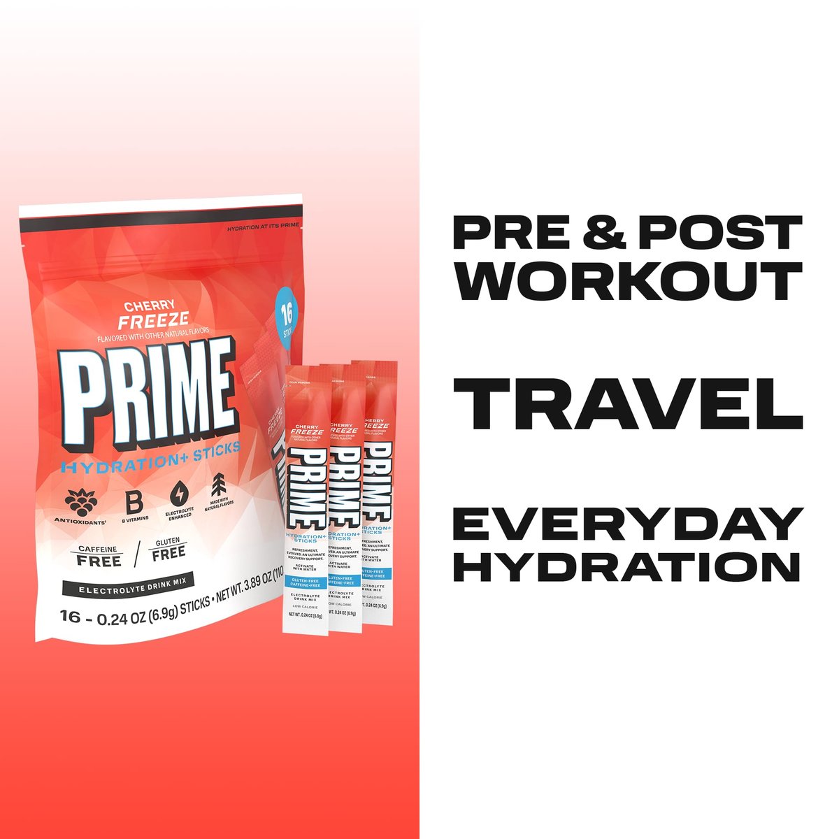 PRIME HYDRATION+ Elektrolyt-Pulversticks, Cherry Freeze, Zuckerfreies Hydrationsgetränk mit Kalium, Magnesium & B-Vitaminen, Koffeinfrei, 16 Sticks