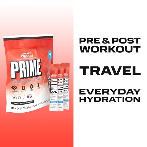 PRIME HYDRATION+ Elektrolyt-Pulversticks, Cherry Freeze, Zuckerfreies Hydrationsgetränk mit Kalium, Magnesium & B-Vitaminen, Koffeinfrei, 16 Sticks