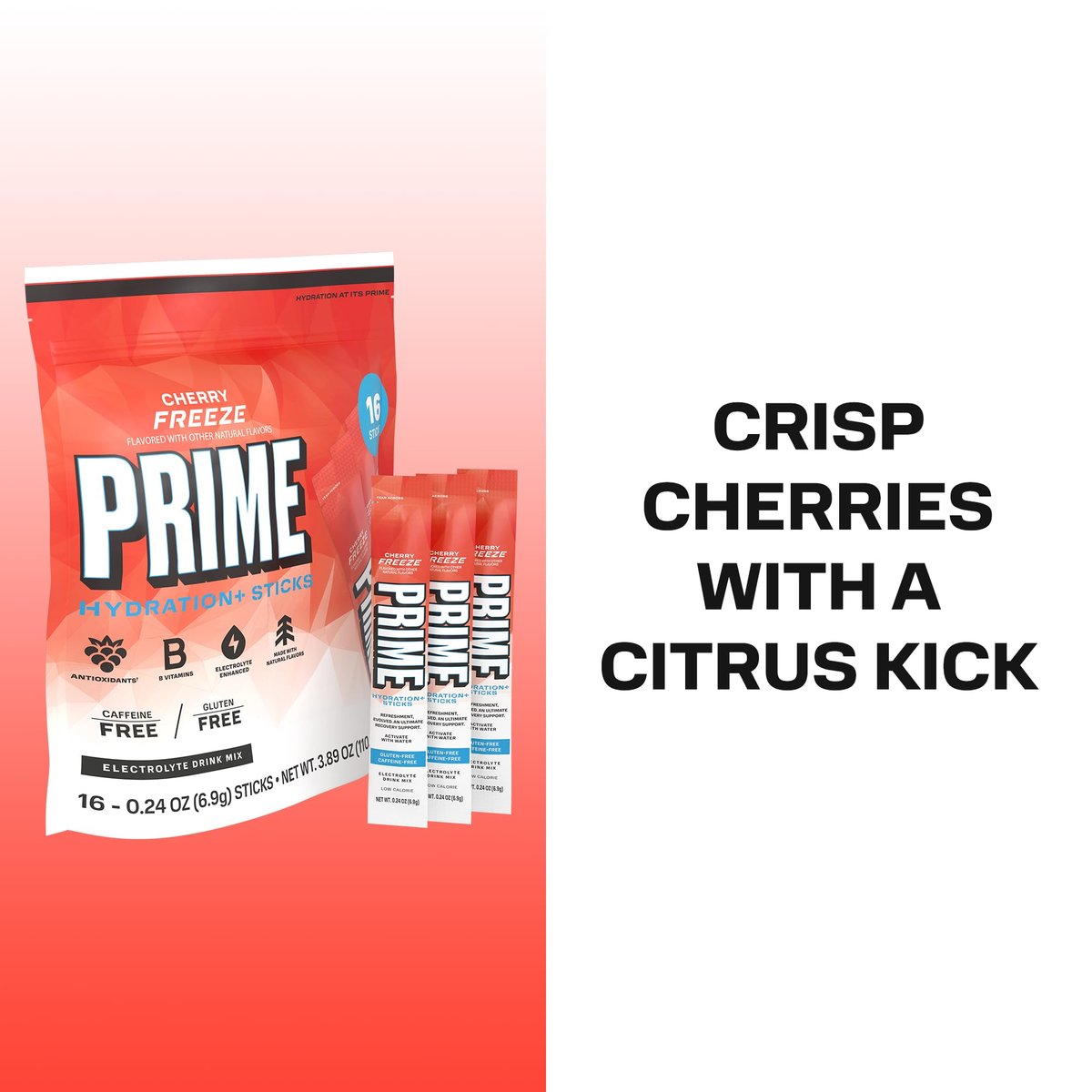 PRIME HYDRATION+ Elektrolyt-Pulversticks, Cherry Freeze, Zuckerfreies Hydrationsgetränk mit Kalium, Magnesium & B-Vitaminen, Koffeinfrei, 16 Sticks