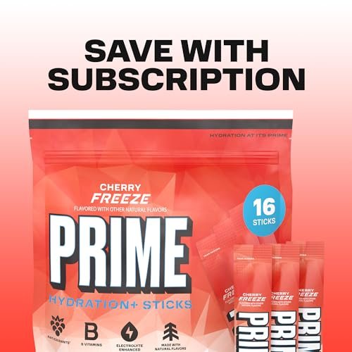 PRIME HYDRATION+ Elektrolyt-Pulversticks, Cherry Freeze, Zuckerfreies Hydrationsgetränk mit Kalium, Magnesium & B-Vitaminen, Koffeinfrei, 16 Sticks