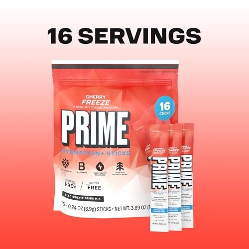 PRIME HYDRATION+ Elektrolyt-Pulversticks, Cherry Freeze, Zuckerfreies Hydrationsgetränk mit Kalium, Magnesium & B-Vitaminen, Koffeinfrei, 16 Sticks