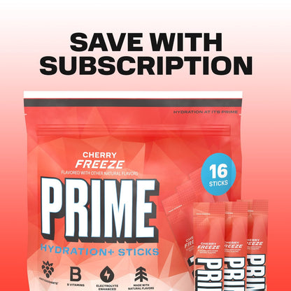 PRIME HYDRATION+ Elektrolyt-Pulversticks, Cherry Freeze, Zuckerfreies Hydrationsgetränk mit Kalium, Magnesium & B-Vitaminen, Koffeinfrei, 16 Sticks