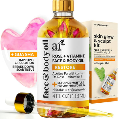 ArtNaturals Vitamin E Bio-Öl 118 ml + Gua Sha-Gesichtswerkzeug-Set – Organische Feuchtigkeitspflege für Narben, Dehnungsstreifen, Cellulite & Nägel – Massageöl für Gelenke & Muskeln