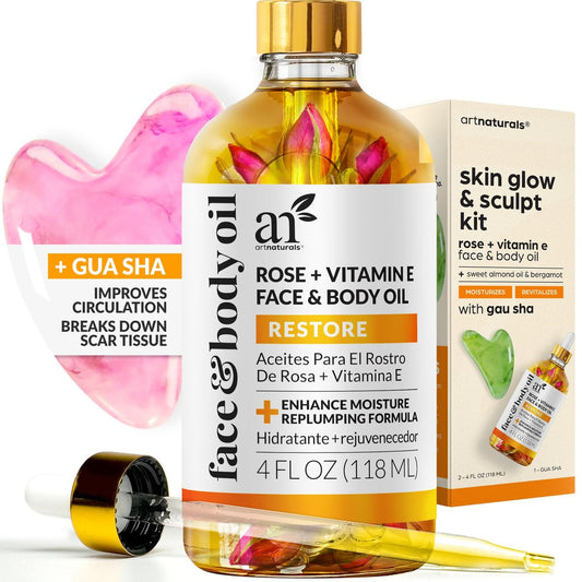 ArtNaturals Vitamin E Bio-Öl 118 ml + Gua Sha-Gesichtswerkzeug-Set – Organische Feuchtigkeitspflege für Narben, Dehnungsstreifen, Cellulite & Nägel – Massageöl für Gelenke & Muskeln