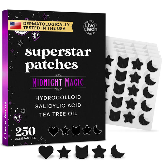 LivaClean 250CT Black Star Pimple Patches für das Gesicht - Hello Kitty Pimple Patches Schwarz mit Salicylsäure & Teebaumöl - Hydrokolloid Akne-Pflaster, süße Gesichtsaufkleber, Pickel-Pflaster