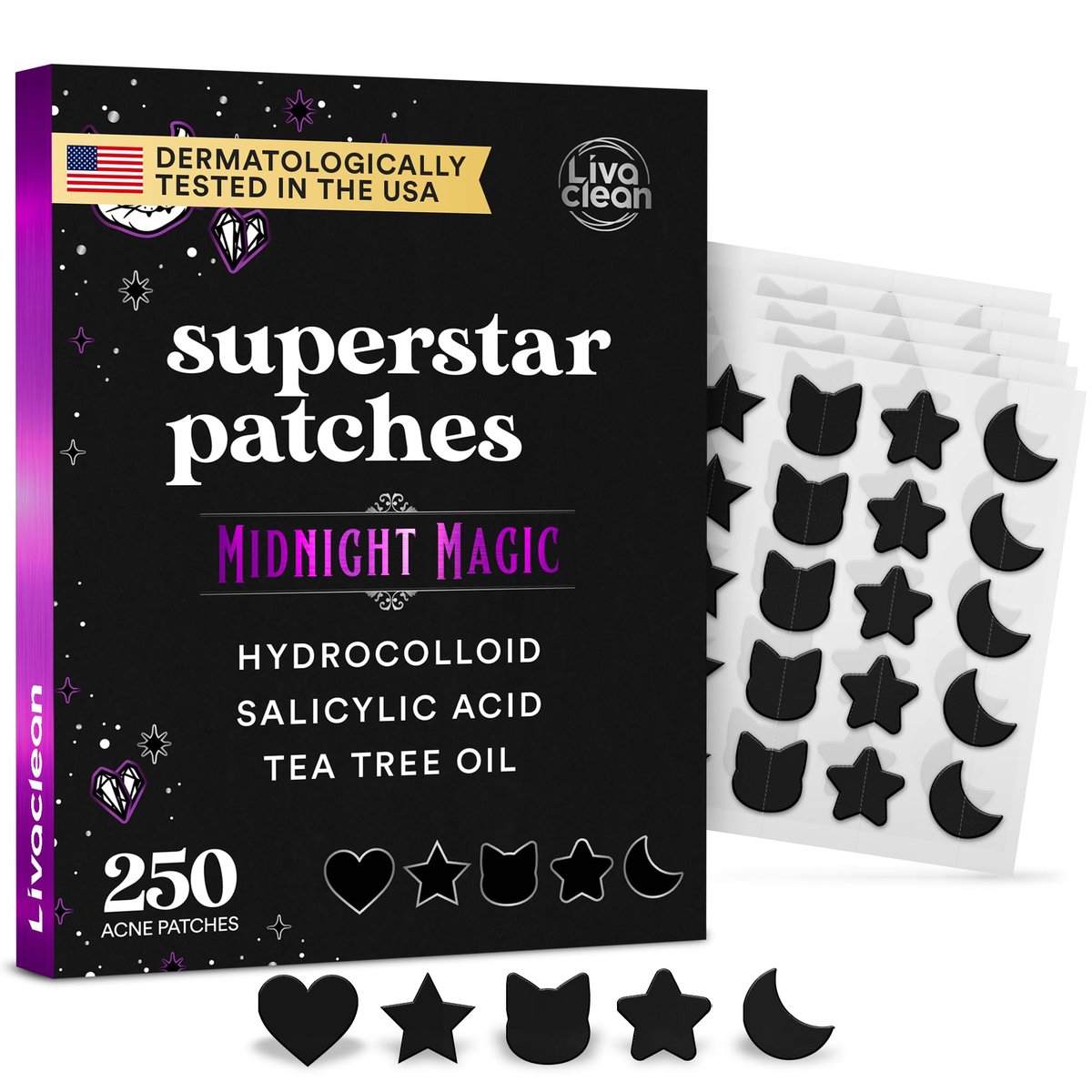 LivaClean 250CT Black Star Pimple Patches für das Gesicht - Hello Kitty Pimple Patches Schwarz mit Salicylsäure & Teebaumöl - Hydrokolloid Akne-Pflaster, süße Gesichtsaufkleber, Pickel-Pflaster