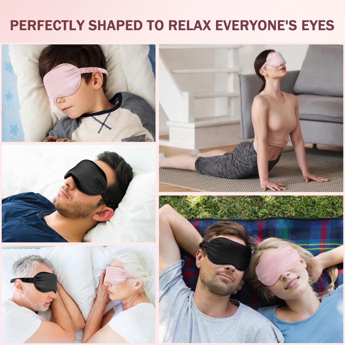 Amrules Schlafmaske Set mit 2 Stück, verstellbare Seiden-Augenmaske für erholsamen Schlaf, weiche Schlafbrille für Frauen, ideal zur Lichtblockierung, Reduzierung von Schwellungen und Verbesserung der Schlafqualität (Rosa & Schwarz)