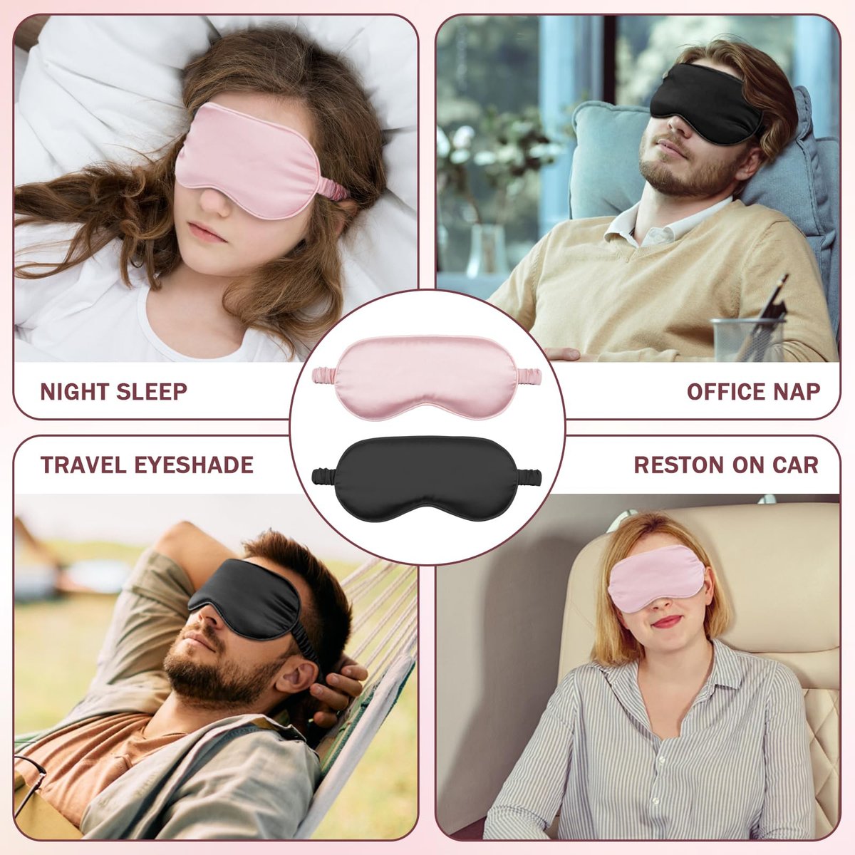 Amrules Schlafmaske Set mit 2 Stück, verstellbare Seiden-Augenmaske für erholsamen Schlaf, weiche Schlafbrille für Frauen, ideal zur Lichtblockierung, Reduzierung von Schwellungen und Verbesserung der Schlafqualität (Rosa & Schwarz)