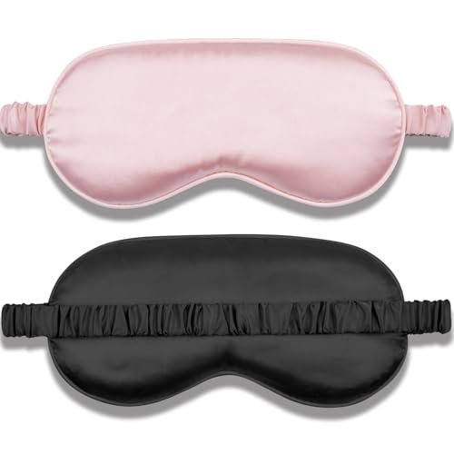 Amrules Schlafmaske Set mit 2 Stück, verstellbare Seiden-Augenmaske für erholsamen Schlaf, weiche Schlafbrille für Frauen, ideal zur Lichtblockierung, Reduzierung von Schwellungen und Verbesserung der Schlafqualität (Rosa & Schwarz)