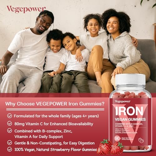 VEGEPOWER Eisen Gummibärchen für Frauen & Kinder - Multivitamin mit Vitamin C für Energieunterstützung, leckere Eisen-Vitamine mit Vitamin C für maximale Aufnahme - Vegan, Erdbeer 90 Stück