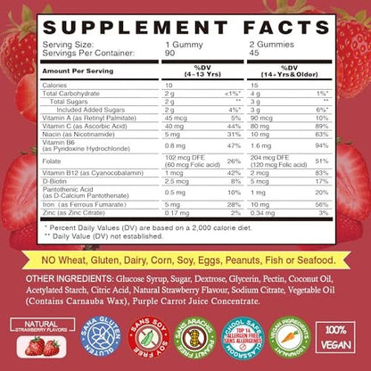 VEGEPOWER Eisen Gummibärchen für Frauen & Kinder - Multivitamin mit Vitamin C für Energieunterstützung, leckere Eisen-Vitamine mit Vitamin C für maximale Aufnahme - Vegan, Erdbeer 90 Stück