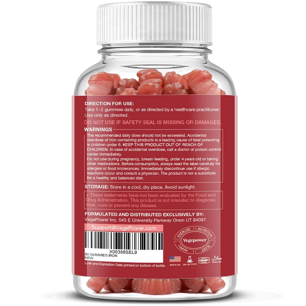VEGEPOWER Eisen Gummibärchen für Frauen & Kinder - Multivitamin mit Vitamin C für Energieunterstützung, leckere Eisen-Vitamine mit Vitamin C für maximale Aufnahme - Vegan, Erdbeer 90 Stück