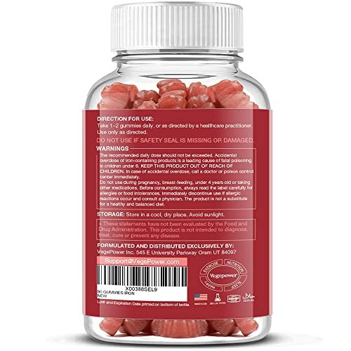 VEGEPOWER Eisen Gummibärchen für Frauen & Kinder - Multivitamin mit Vitamin C für Energieunterstützung, leckere Eisen-Vitamine mit Vitamin C für maximale Aufnahme - Vegan, Erdbeer 90 Stück