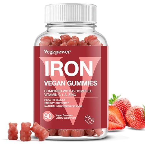 VEGEPOWER Eisen Gummibärchen für Frauen & Kinder - Multivitamin mit Vitamin C für Energieunterstützung, leckere Eisen-Vitamine mit Vitamin C für maximale Aufnahme - Vegan, Erdbeer 90 Stück