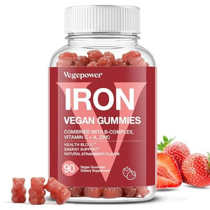 VEGEPOWER Eisen Gummibärchen für Frauen & Kinder - Multivitamin mit Vitamin C für Energieunterstützung, leckere Eisen-Vitamine mit Vitamin C für maximale Aufnahme - Vegan, Erdbeer 90 Stück