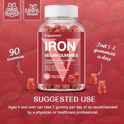 VEGEPOWER Eisen Gummibärchen für Frauen & Kinder - Multivitamin mit Vitamin C für Energieunterstützung, leckere Eisen-Vitamine mit Vitamin C für maximale Aufnahme - Vegan, Erdbeer 90 Stück