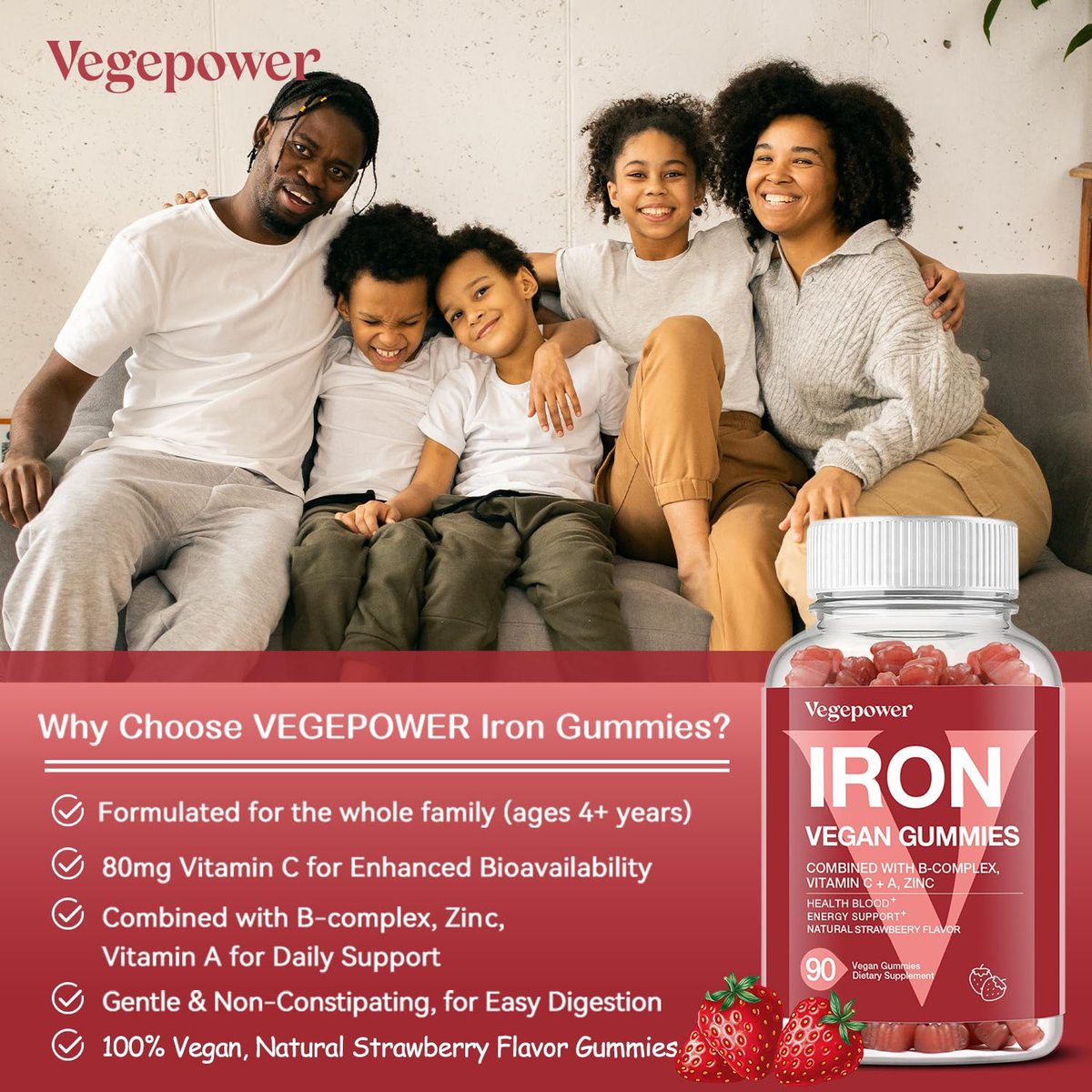 VEGEPOWER Eisen Gummibärchen für Frauen & Kinder - Multivitamin mit Vitamin C für Energieunterstützung, leckere Eisen-Vitamine mit Vitamin C für maximale Aufnahme - Vegan, Erdbeer 90 Stück