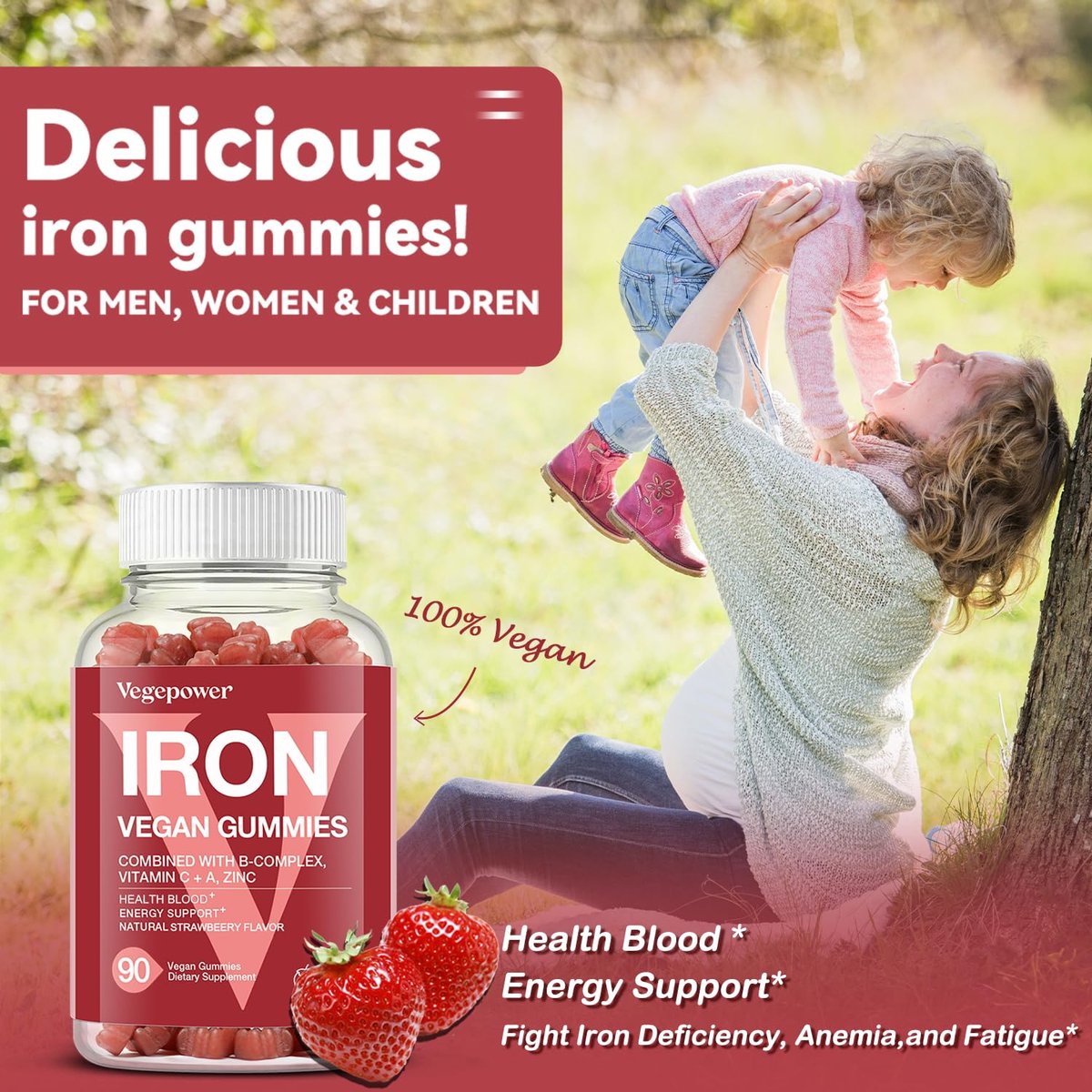 VEGEPOWER Eisen Gummibärchen für Frauen & Kinder - Multivitamin mit Vitamin C für Energieunterstützung, leckere Eisen-Vitamine mit Vitamin C für maximale Aufnahme - Vegan, Erdbeer 90 Stück
