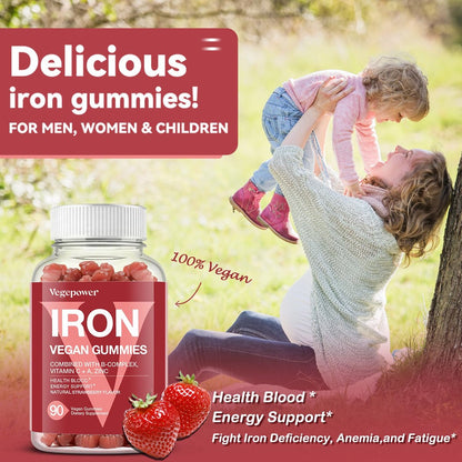 VEGEPOWER Eisen Gummibärchen für Frauen & Kinder - Multivitamin mit Vitamin C für Energieunterstützung, leckere Eisen-Vitamine mit Vitamin C für maximale Aufnahme - Vegan, Erdbeer 90 Stück