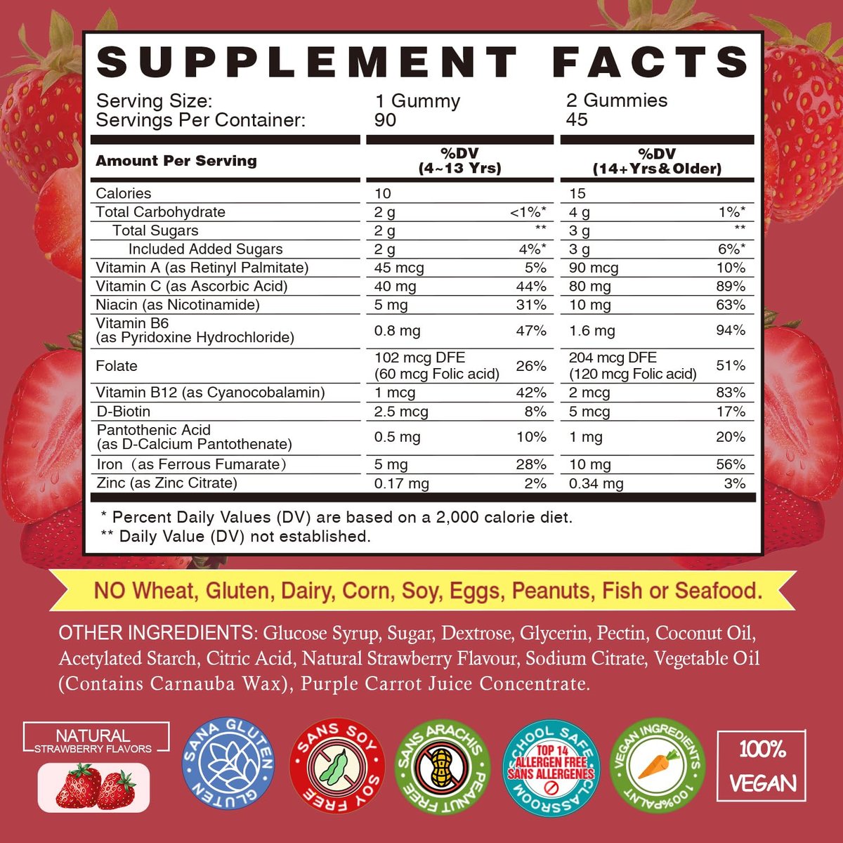 VEGEPOWER Eisen Gummibärchen für Frauen & Kinder - Multivitamin mit Vitamin C für Energieunterstützung, leckere Eisen-Vitamine mit Vitamin C für maximale Aufnahme - Vegan, Erdbeer 90 Stück