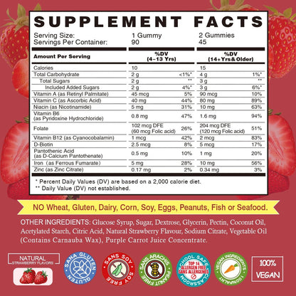 VEGEPOWER Eisen Gummibärchen für Frauen & Kinder - Multivitamin mit Vitamin C für Energieunterstützung, leckere Eisen-Vitamine mit Vitamin C für maximale Aufnahme - Vegan, Erdbeer 90 Stück