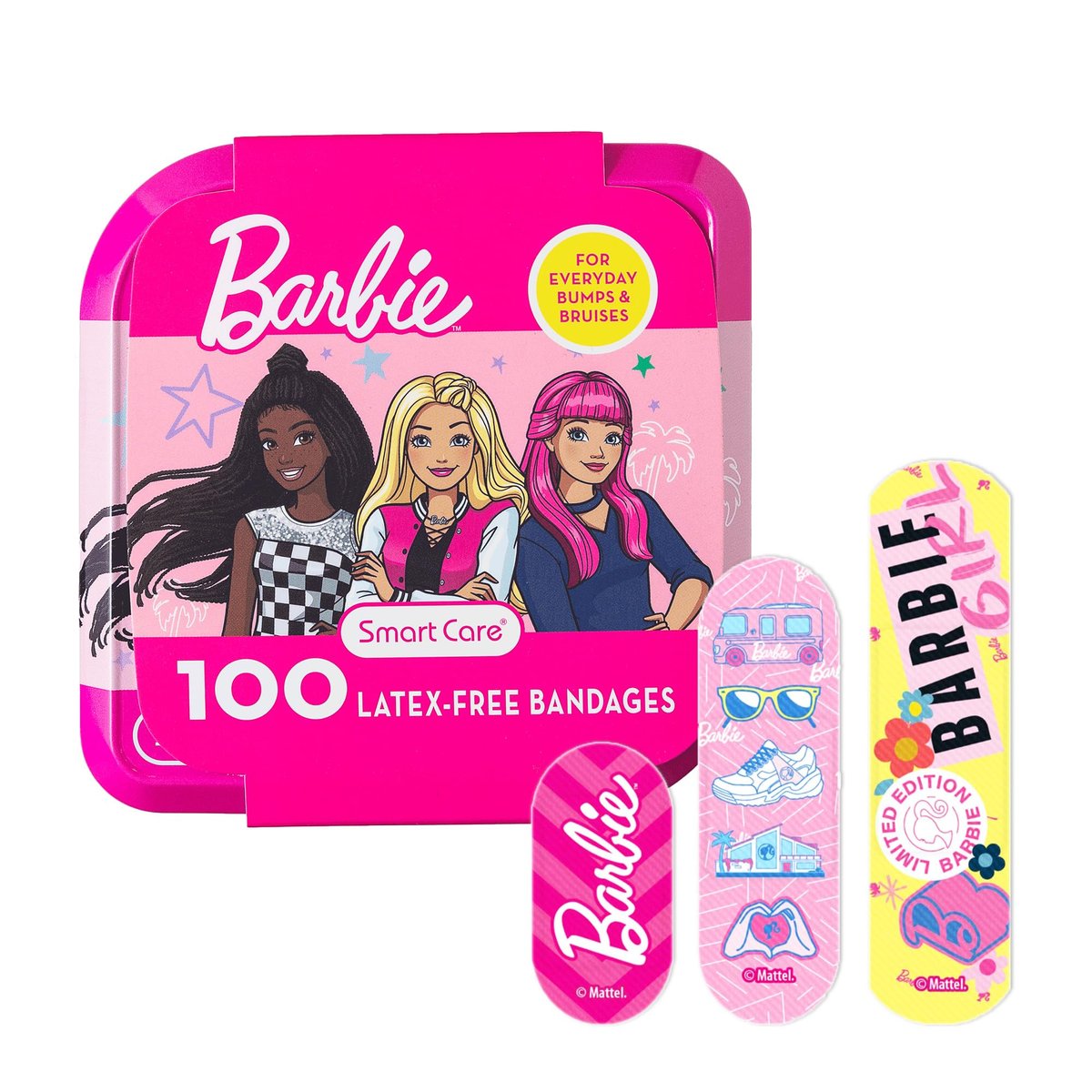 Smart Care Barbie Pflaster-Set für Kinder, 100 bunte Pflaster in verschiedenen Größen, inklusive Sammeldose im Barbie-Design