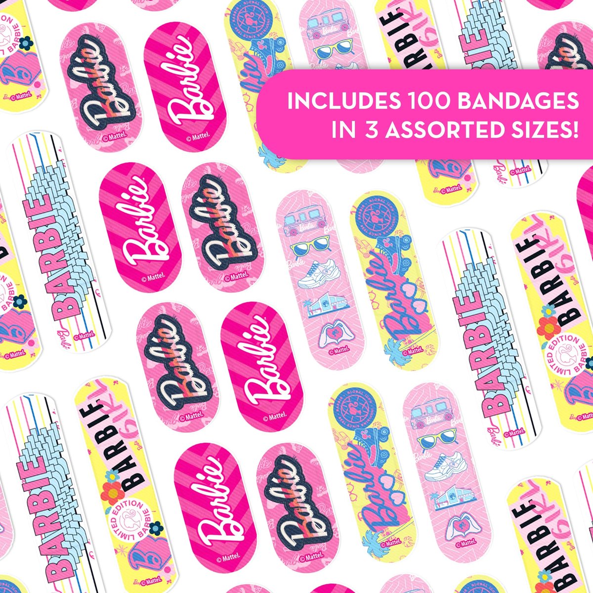 Smart Care Barbie Pflaster-Set für Kinder, 100 bunte Pflaster in verschiedenen Größen, inklusive Sammeldose im Barbie-Design