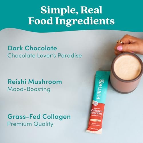 Further Food Schokoladen-Collagen-Peptide-Pulver mit Reishi-Pilz – 100 % grasgefüttert, hydrolysiert, Typ 1 & 3, 20 g Collagen pro Portion, unterstützt Haut, Haare, Nägel & Gelenke, Stick-Packs, 9,74 Unzen