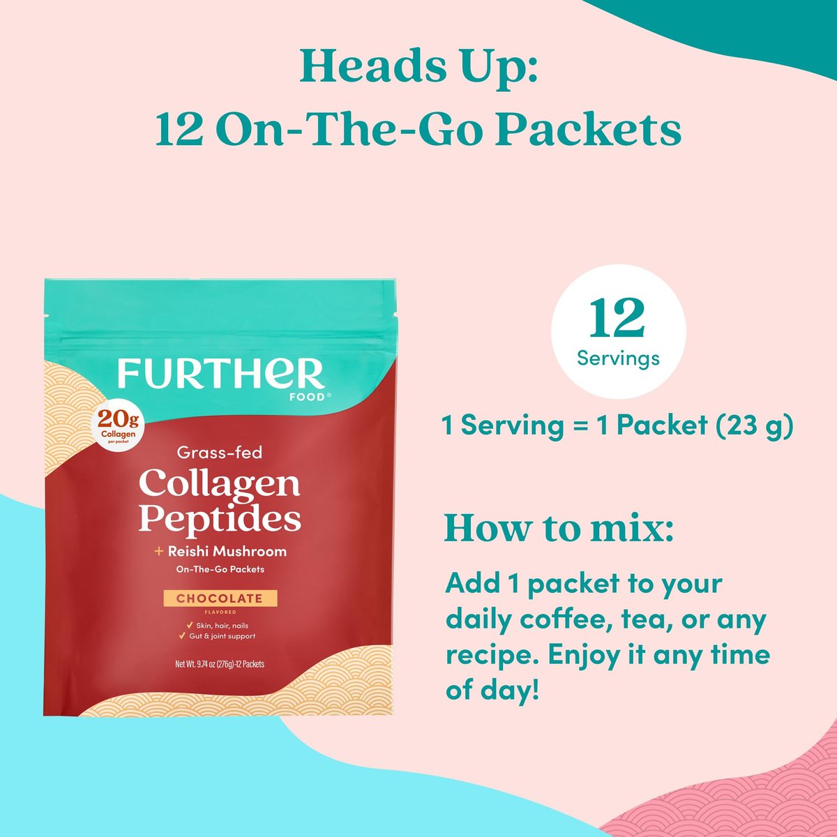 Further Food Schokoladen-Collagen-Peptide-Pulver mit Reishi-Pilz – 100 % grasgefüttert, hydrolysiert, Typ 1 & 3, 20 g Collagen pro Portion, unterstützt Haut, Haare, Nägel & Gelenke, Stick-Packs, 9,74 Unzen