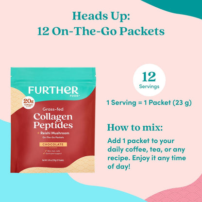 Further Food Schokoladen-Collagen-Peptide-Pulver mit Reishi-Pilz – 100 % grasgefüttert, hydrolysiert, Typ 1 & 3, 20 g Collagen pro Portion, unterstützt Haut, Haare, Nägel & Gelenke, Stick-Packs, 9,74 Unzen